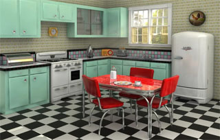 Exemplo de cozinha vintage mesclando cores como o vermelho e verde claro com o típico chão xadrez