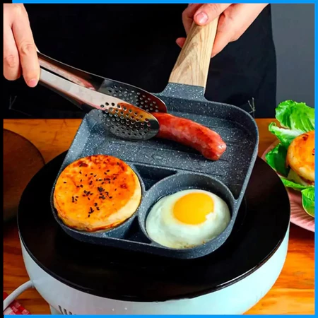 Frigideira Multifuncional Antiaderente 4 em 1 Ovos Hambúrguer Omelete Com Alça De Madeira