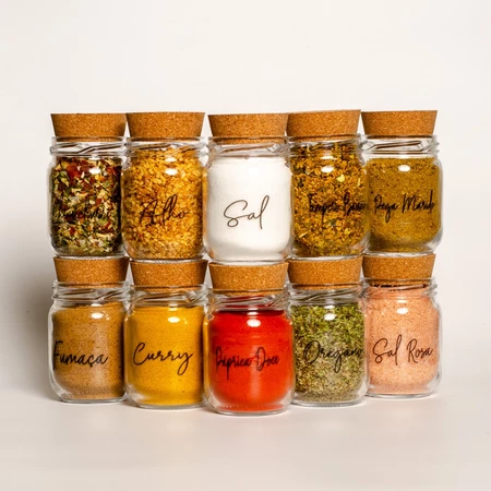 Kit 10 Potes de Tempero 200ml + Cartela De Temperos com 42 Adesivos | Porta Tempero de Vidro