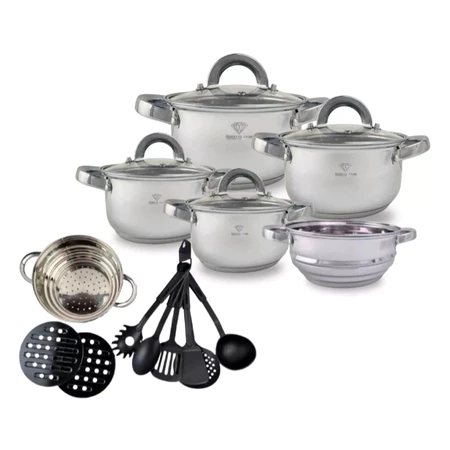 Jogo de Panelas 19 Peças Aço Inox Original + Acessórios