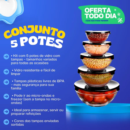 Conjunto Tigela Vidro Bowl Marmita Tampa 5 Peças